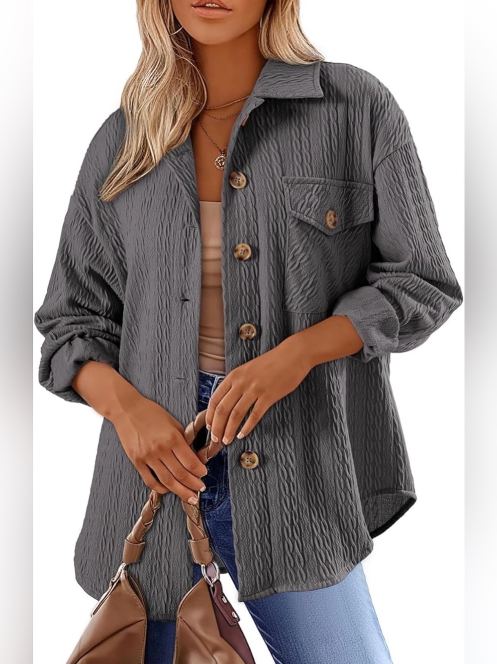 Relaxed Gray Textured Button-Down Shirt Jacket